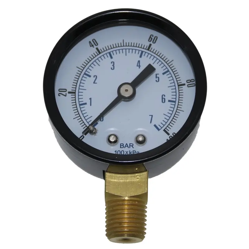 100 Psi Analog Water Pressure Gauge – 1/4" Mpt, 2" Glass Dial, Black Steel Case, Lower Mount 1