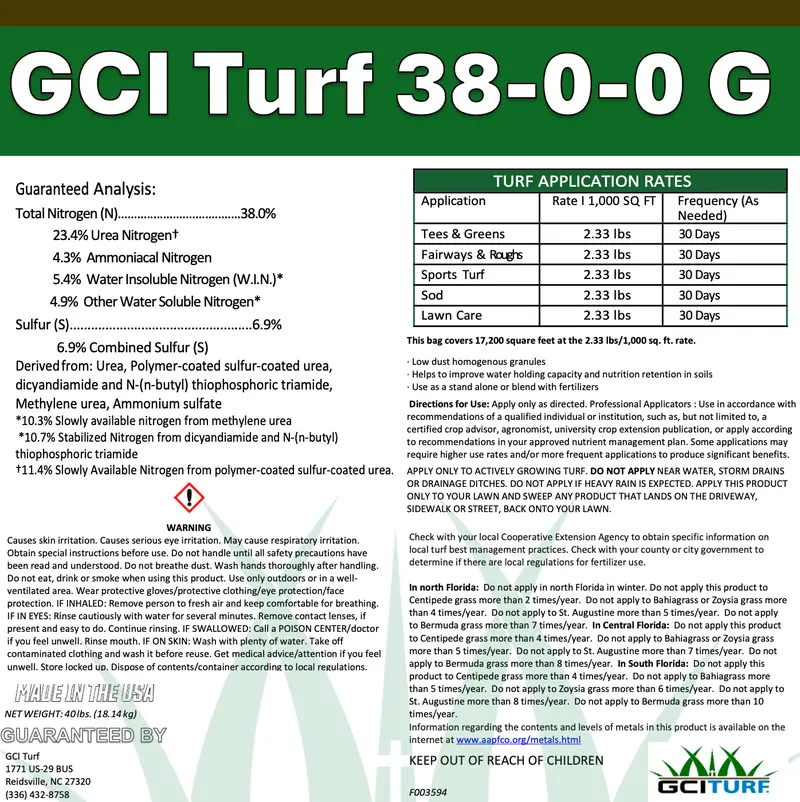 Gci Turf 38-0-0 Slow-Release Nitrogen Fertilizer Granules 1