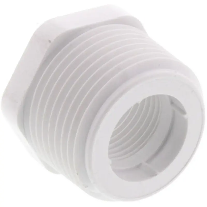 White Pvc Reducing Bushing: 1" Male Iron Pipe Thread To 1/2" Female Iron Pipe Thread 1